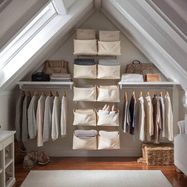 Upholstered storage bench with lift-top at the foot of the attic bedroom bed holding blankets and linens
