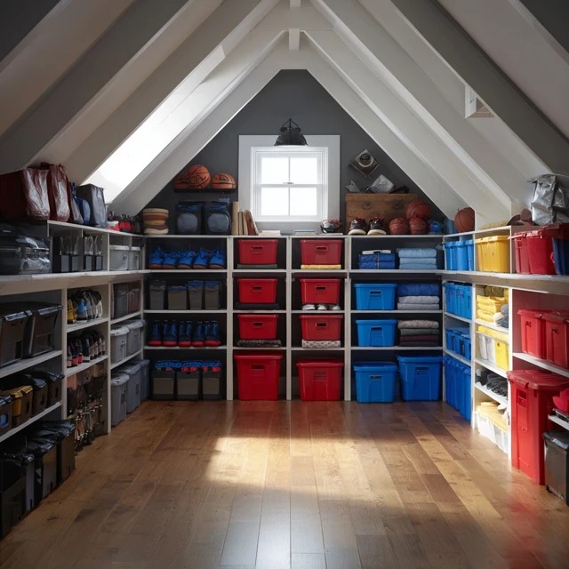 Colour-coded storage bins in different colours representing distinct categories in an intuitively organised attic