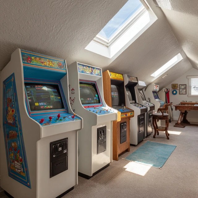 Foosball table positioned accessibly in an attic game room with clear playing space on all four sides