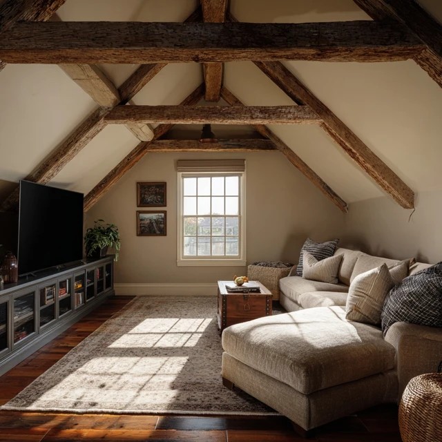 Original exposed wood beams overhead adding rustic warmth and character to an attic TV room