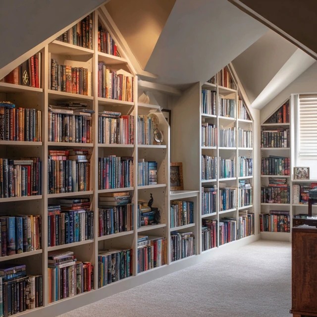 Floor-standing adjustable reading lamp positioned beside the reading chair for focused evening book light in an attic library