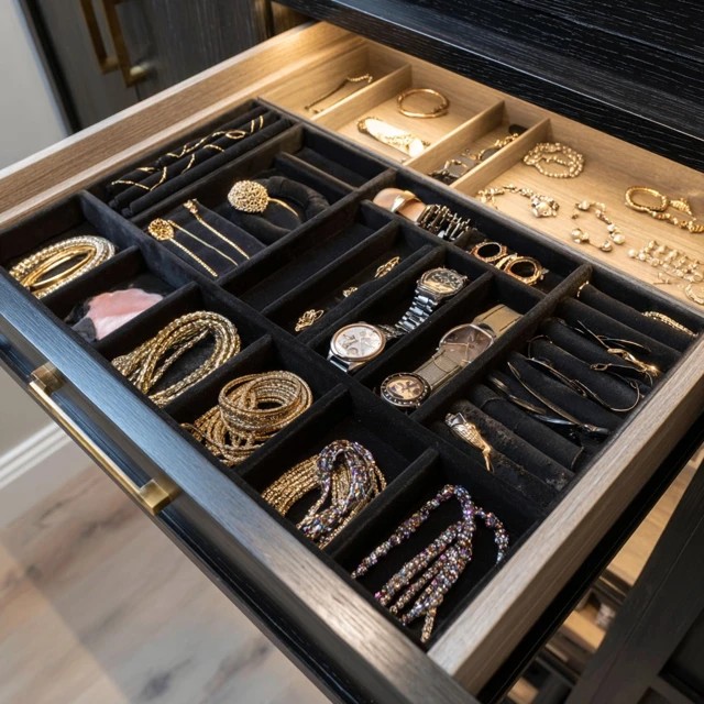 Velvet-lined jewellery organiser drawer with individual compartments in the attic walk-in closet island