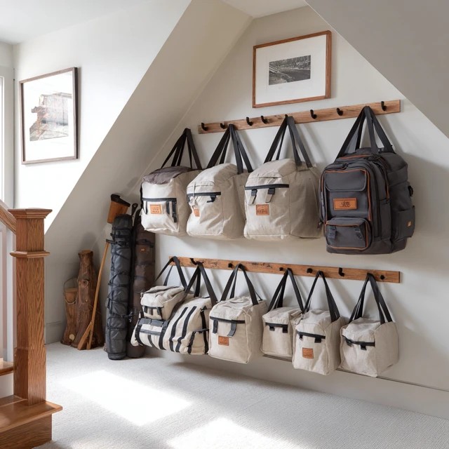 Wall-mounted hooks on attic walls holding bags, equipment, and seasonal items to preserve floor space