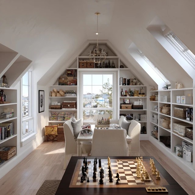 Dedicated board game table with surrounding shelving holding the game collection in an organised attic game room
