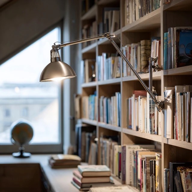 Framed portraits and prints displayed above bookshelves creating a gallery of cultural character in an attic library