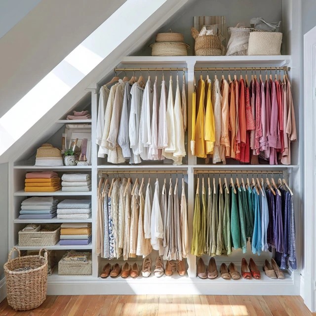 Garments arranged in colour spectrum order creating visual harmony and easy outfit selection in an attic walk-in closet