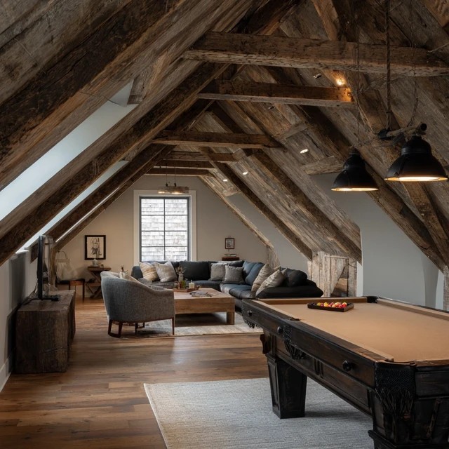 Original exposed wood beams overhead adding rustic warmth and character to an attic game room