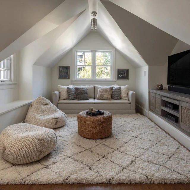 Built-in wall shelving holding DVDs, games, books, and collectibles in an organised attic TV room