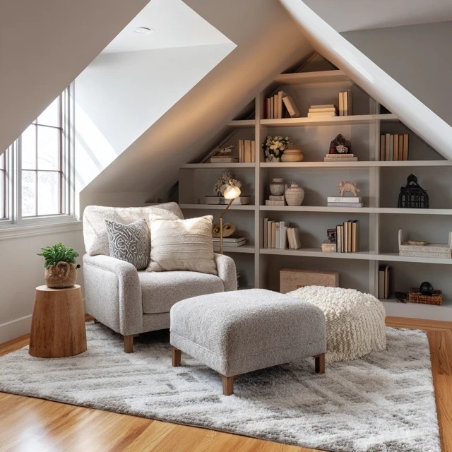 Patterned area rug beneath the reading chair and ottoman defining the reading zone in an attic library